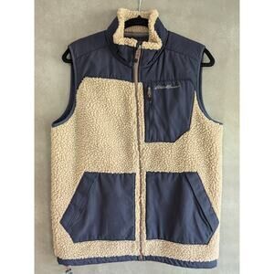 Eddie Bauer Sherpa Vest Fleece Deep Pile Tan and Navy Blue Men's Sz Sm
